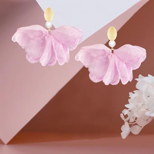 Handmade Fabric Flower Petal Fringe Dangle Drop Earrings Bohemian Floral Tassel Stud Earrings For Women - color: Light Pink