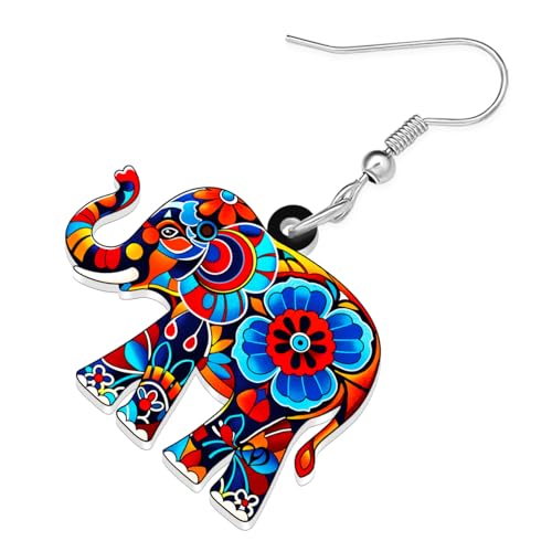 BONSNY Colorful Acrylic Elephant Dangle Earrings Bohemian Tribal Floral Design Boho Jewelry Gifts for Women Funny Novelty Hypoallergenic Spring Summer Gifts Accessories - color: Colorful