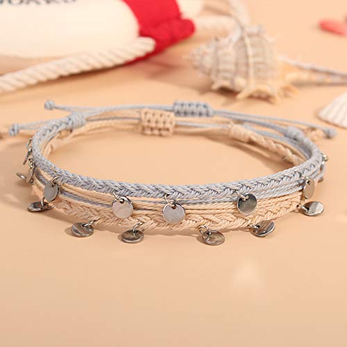 FANCY SHINY String Ankle Bracelets Waterproof Rope Anklets Braided Beach Boho Coin Anklets Cute Friendship Foot Jewelry for Women - style: Ivory/Gray