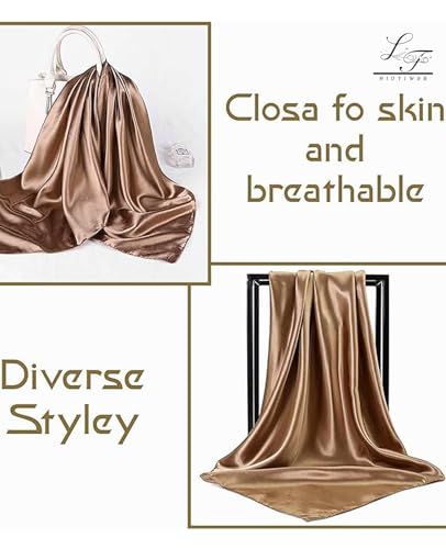 Hioyiwse Satin Square Scarf for Women Solid Color Emulation Silk Handkerchief Hair Ribbon Headband Handbag Purse - color: D9-coffee(23.6*23.6inch)