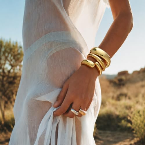 Chunky Gold Bangle Bracelets for Women Trendy 14K Gold Plated Cuff Bracelets Stack, Dainty Gold Bracelet Sets Non Tarnish Fashion Jewelry Gift - style: Gold-3pc-009