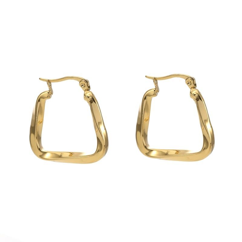 Geometric Hoop Earrings, Stainless Steel, Twisted Textured Trapezoid Design, Anti-Allergic - color: Gold