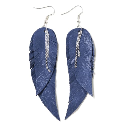 Black shiny Leather Feather Earrings for Women, Lightweight Minimal Boho Dangle Earrings, Small Simple Everyday Jewelry - color: Dark blue shiny