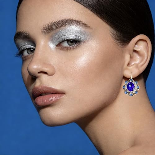 Handmade Bohemian Vintage Gold Sparkly Crystal Round Flower Leverback Earrings Cute Rhinestone Geometry Dangle Drop Earring for Women - color: White Blue