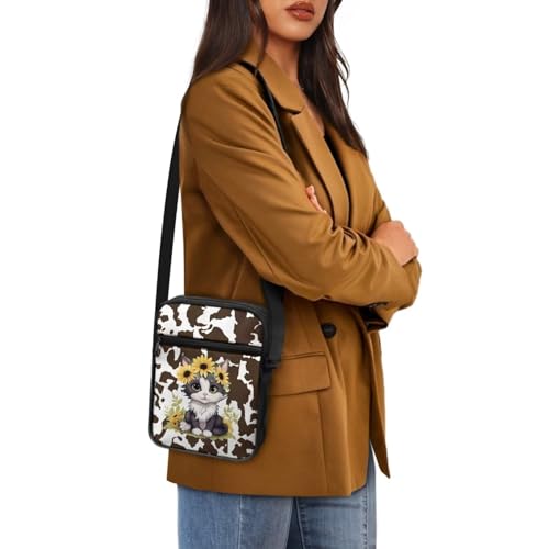 Womens Crossbody Bag Cell Phone Purse Wallet Small Shoulder Handbag for Workout Travel Gym - color: Cow Print Cat