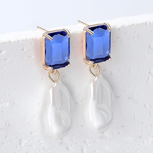 Fashion Pearl Drop Earrings for Women With Crystal - Rhinestone Statement Earrings with Pearl Dangling Studs - Large White Baroque Pearl Earrings for Bridesmaid Wedding Party Birthday Holiday - color: Dark Blue