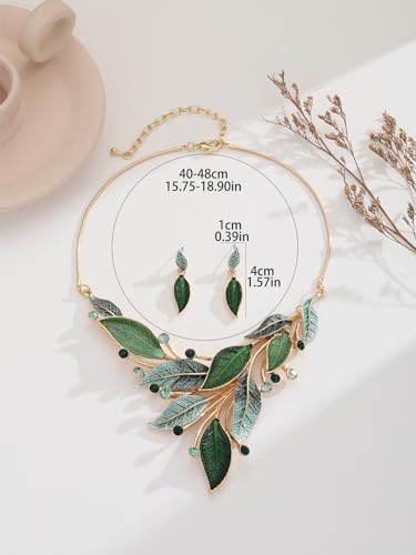 Vintage Chunky Statement Jewelry Set Retro Leaf Floral Geometric Bohemian Boho Bib Necklace Earring Set Fashion Costume Jewelry for Women Girls Wedding Party Prom Unique Gift - style: spring leaf-green gold