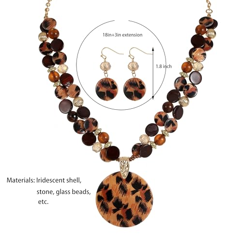 Layered Beads Statement Fashion Necklace Chunky Jewelry Set Big Colorful Glass Stone Circle Shell Pendant Choker Necklace and Earring Set for Women - color: leopard brown