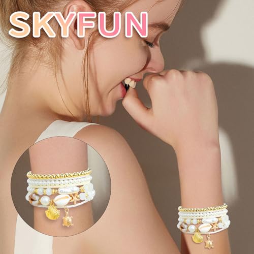 Beach Bracelets for Women Bohemian Stackable Heishi Surfer Bracelet Set Elastic Seashell Starfish Boho Friendship Bracelets for Summer Beach Party Holiday Vacation Jewelry - color: 7PCS-Gold Starfish/Turtle/Seashell