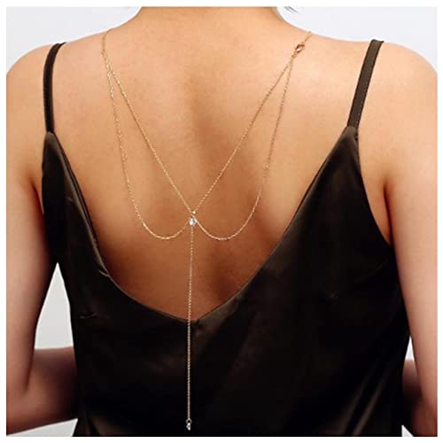 Boho Crystal Back Chain Necklace Gold Cz Backdrop Necklace Rhinestone Bridal Back Drop Chain Body Chain Summer Beach Body Jewelry for Women