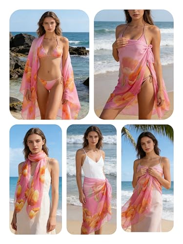Womens Sexy Bohemian Floral Beach Cover Up Sarong Wrap Swimsuit Beachwear - color: A-pink