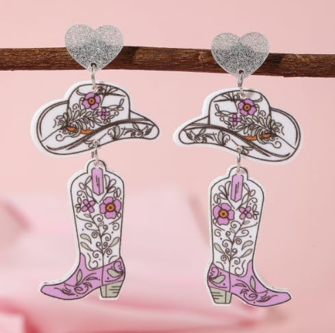 Western Cowboy Style Pink Heart Hat & Boot Acrylic Earrings Boho Festival Stackable Jewelry for Women - color: A