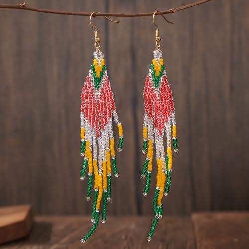 Flower Black Beaded Long Tassel Western Native American Earrings For Women Dangling - color: yellow green