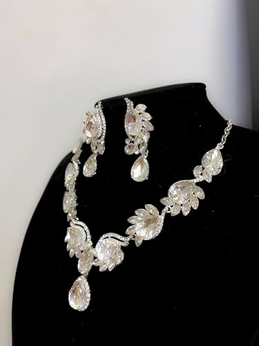 Women Jewelry Set Rhinestone Crystal Bride Statement Choker Necklace Teardrop Cluster Dangle Earrings Set for Wedding Prom Party - color: Silver