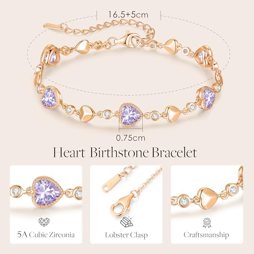 925 Sterling Silver Birthstone Heart Bracelet Jewelry Gift for Women | Rose Gold Plated Bracelets,Hypoallergenic,Adjustable Chain Personalized Anniversary Christmas Jewelry Gift for Mom Wife - color: Rose Gold-06-Jun