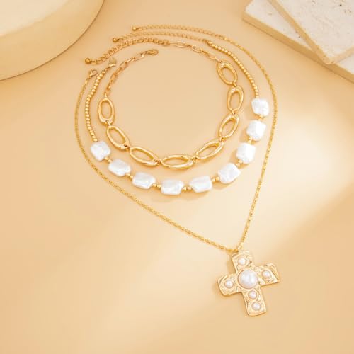 Chunky Gold Necklace for Women, Layered Cross Pendant Pearl Necklace, Stacked Thick Gold Jewelry, Geometric Square Oval Chain, Big Gold Pendant Fashion Accessories - style: Style B