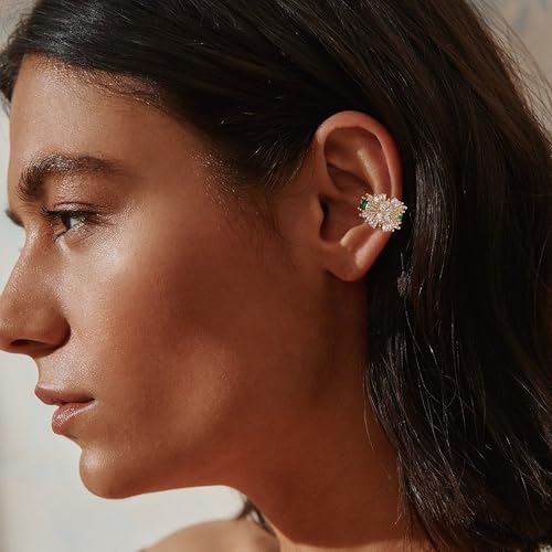 MTMY Gold Ear Cuff Earring for Women 14K Gold Plated Cubic Zirconia Non-Pierced Clip on Cartilage Chunky Ear Cuffs Hypoallergenic Jewelry - style: flower / pair