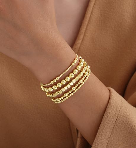 Gold Beaded Bracelets for Women, 14K Real Gold Plated Jewelry for Women Dainty Pearl Bead Bracelets Stack, Non Tarnish Trendy Stackable Ball Cross Stretch Bracelet Set Fashion Accessories Gifts - color: Gold square bead