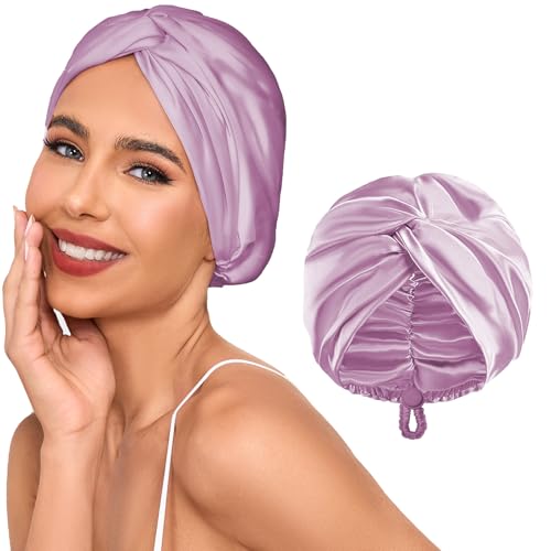 Adjustable Silk Satin Hair Bonnet for Sleeping Women, Double Layer, Silk Hair Wrap for Sleeping Women Men, Curly Natural Braid Straight Unisex - Lavender - color: Lavender