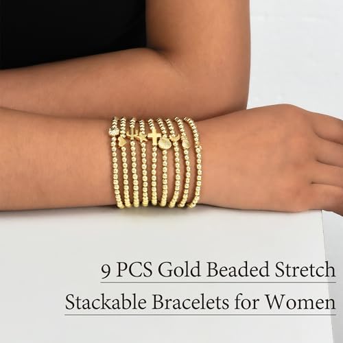 ÌF ME 16 PCS Gold Bead Bracelet for Women, Gold Beaded Stretch Plated Stackable Strand Bead Ball Bracelets stack Adjustable Jewelry Set for Gifts - color: 9 PCS Gold