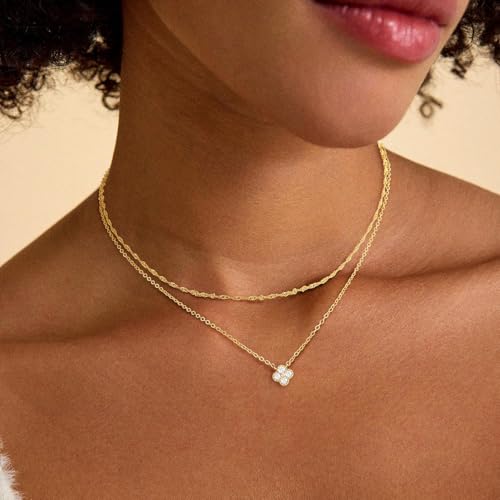 Dainty Gold Necklaces for Women Trendy Non Tarnish 14K Gold Plated Cubic Zirconia Necklace Layered Simple Cute Four Leaf Clover Choker Jewelry Birthday Gifts - color: Gold, style: Layered CZ