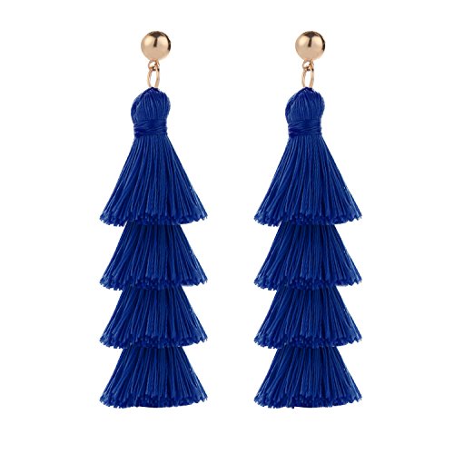 BaubleStar Tassel Earrings Handmade Tiered Thread Tassel Dangle Earrings, Multi Colors - color: Royal Blue