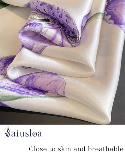 Saiusloa Neck Scarf For Womens Silky Head Scarves Hair Bandanas Square Scarf Fashion Accessories lightweight - color: 38-purple Irises With Green Edges