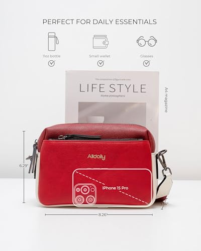 Alldaily Small Triple Zip Crossbody Purse for Women, Vegan Leather Phone Bag with Wide Shoulder Strap - color: Red & White & Red