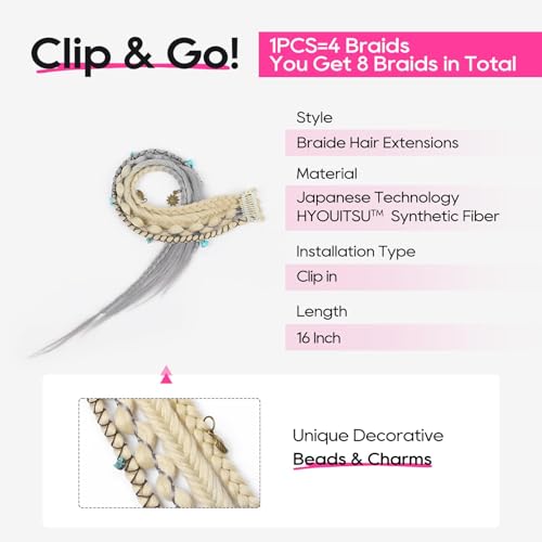 REECHO Clip in Braid Hair Extensions for Women, 16" Boho Dreadlock Clip in Braids with Beads & Charms, 2PCS Handmade Synthetic Braided Hairpieces for Cosplay Daily Styling, Light Blonde to Grey - color: Light Blonde to Grey, size: 16 Inch