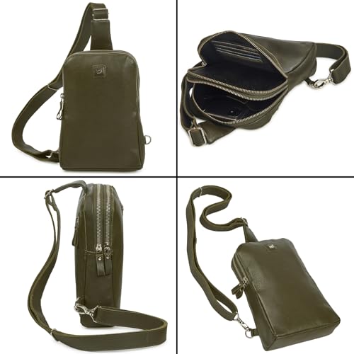 Leather Sling Bag for Women Genuine Crossbody Purse Small Trendy Cross Over Chest with Phone and Credit Card Slots (Olive Nappa) - color: Olive Nappa