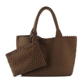 Woven Bag for Women, Large Neoprene Tote Bag Summer Beach Handbag Purse Retro Handmade Travel Shoulder Bag Set - color: Coffee