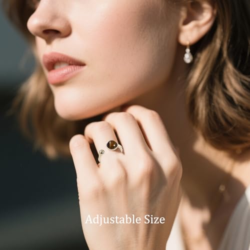 Tigers Eye Ring for Women - 14K Gold Plated Natural Gemstone Adjustable Open Ring, Double Brown Ring for Gift