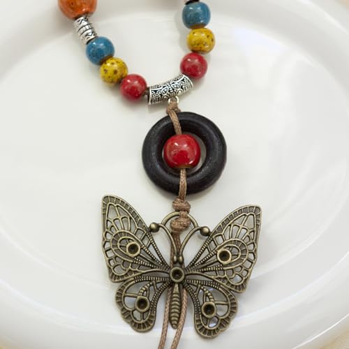 Boho Colorful Ceramic Bead Necklace for Women, Butterfly Pendant Necklace, Handmade Bohemian Statement Jewelry Gifts for Mom - color: Multi-L