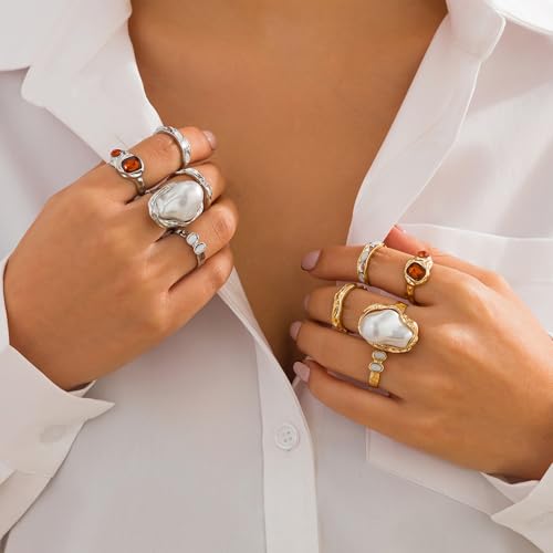Chunky Gold Rings for Women Non Tarnish Statement Flower Ring Baroque Pearl Stackable Rings Set 6Pcs Chunky Jewelry - color: Gold 2