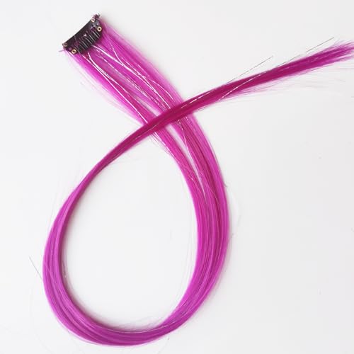 12pcs Clip in Pink Purple Hair Extensions, 22 Inch Rainbow Hair with Silver Tinsels,Colorful Holiday Party Highlights for Women - color: Rose Purple