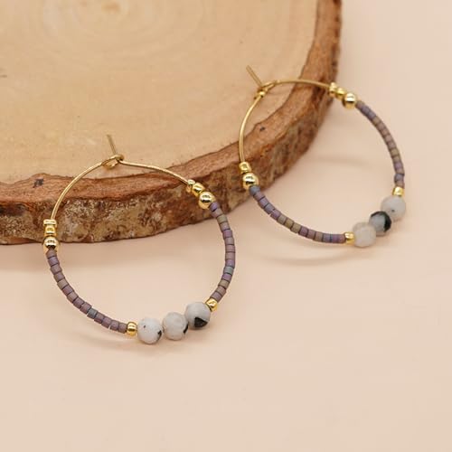 Sonateomber Gold Gemstone Beaded Hoop Earrings for Women, Boho Handmade Seed Beads Huggie Cartilage Hypoallergenic Prom Jewelry Gift