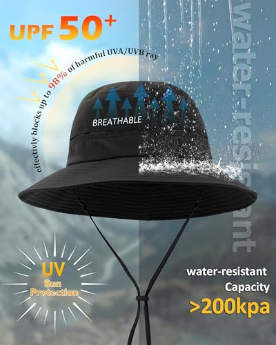 Womens Ponytail Sun Hat Packable UPF50+ Waterproof Bucket Hat Hiking Fishing Safari Hat Foldable Beach Hat - color: Black