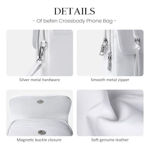 befen Genuine Leather Small Crossbody Bags for Women, Multi Pocket Cell Phone Crossbody Purse with RFID Blocking Card Slots - color: White