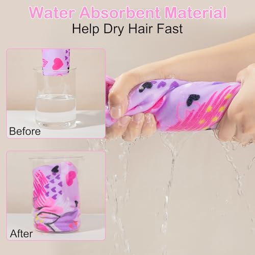 Basumee Microfiber Hair Towel Wrap for Kids 2 Pack Rapid Drying Hair Towel with Button Hair Turbans for Wet Hair Wraps Head Towel Wrap for Women and Girls, Blue and Purple Love - color: Blue and Purple Love