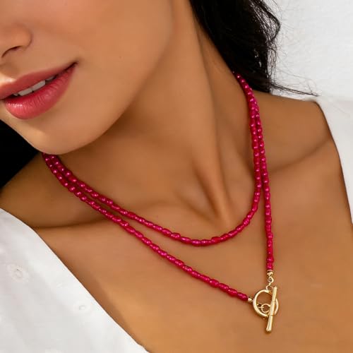 Red Beaded Necklace for Women Choker Gold Toggle Clasp Layered Stack Dainty Statement Western Boho Trendy Summer Vacation Necklaces Birthday Jewelry Gifts - color: C1:Red Beaded Necklace