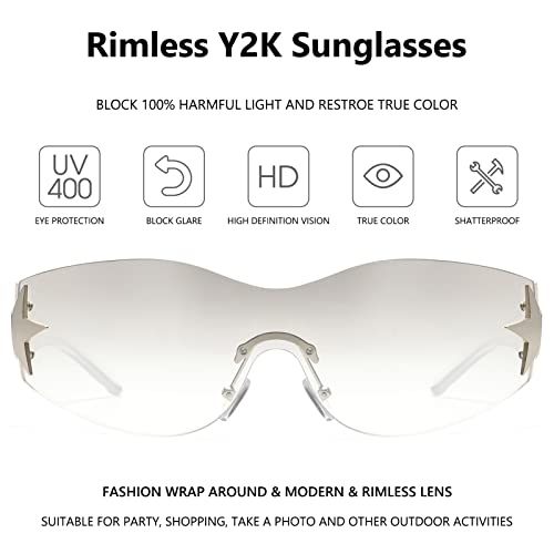 Rimless Y2K Sunglasses for Women Men Wrap Around Fashion Sunglasses Oversized Frameless Trendy Sun Glasses - color: Clear Frame / Gradient Grey Clear Lens