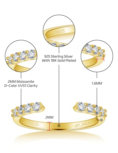 Moissanite Open Wedding Bands for Women S925 Sterling Silver Half Eternity Band Adjustable Anniversary Ring Stackable Engagement Promise Rings for Stacking Size 4-10 - color: Gold, size: 6