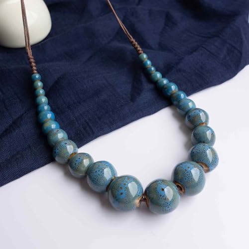 Boho Round Colorful Ceramic Beaded Necklace, Adjustable Hippie Statement Necklace, Handmade Ethnic Jewelry Gift for Women - color: Blue