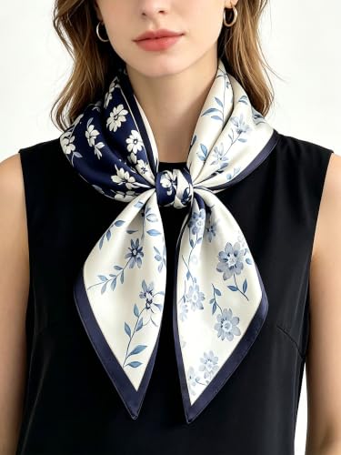 kcctoo 59" Mulberry Silk Like Head Scarf Women's Fashion Square Neck Satin Scarfs for Bag Hair Scarves Gift 59 * 5.9” - color: B004-navy Floral Scarf