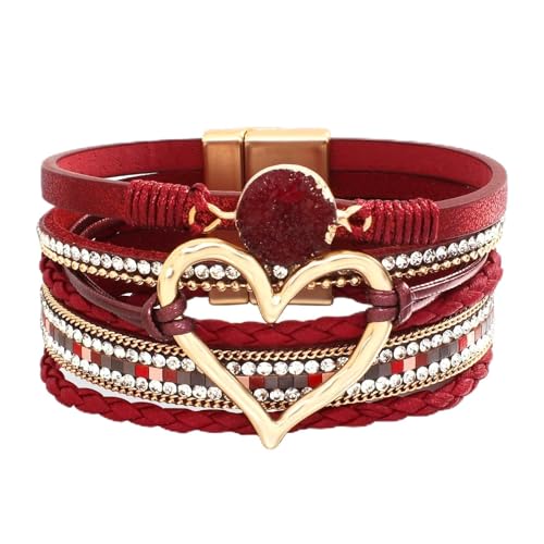 Long tiantian Leather Bracelets for Women Warp Bracelet Stackable Boho Layered Bracelet Chunky Heart Trendy Birthday Gifts for Her - color: B34:Fashion Bracelets for Women(Dark Red)