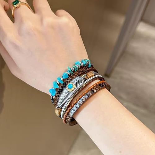 Long tiantian Boho Leather Wrap Bracelets Western Bracelets for Women Stackable Starfish Crystal Pearl Turquoise Leather Bracelet With Clasp Jewelry Gifts Boho Dresses - color: A6:BROWN Bracelet