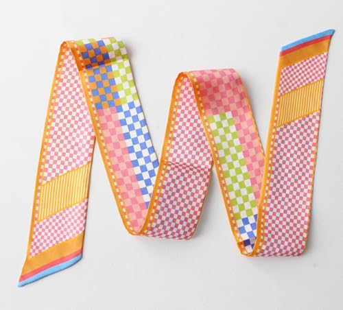 JERLA 100% Mulberry silk Scarf bag scarf Head Hair Ribbon Handbag Handle wrap Tie Bundle Neckerchief Scarf for women - color: Plaid Orange