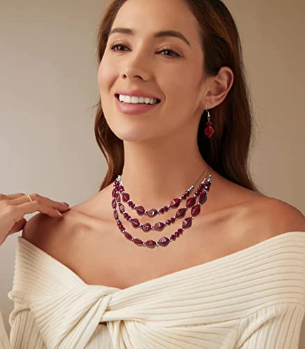 3 Layered Chunky Statement Necklace for Women Beaded Strand Necklaces with Earring Fashion Costumes Collar Necklace Jewelry Sets Gifts for Women - color: Red
