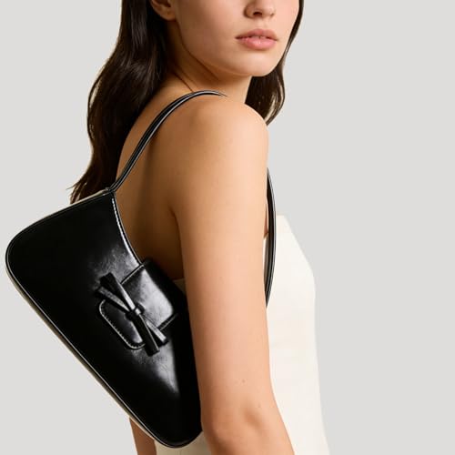 Shoulder Bags for Women Coquette Bow Purse Y2k Bag Small Cute Purses Mini Hobo Handbag Faux Leather Shoulder Purse - color: Black