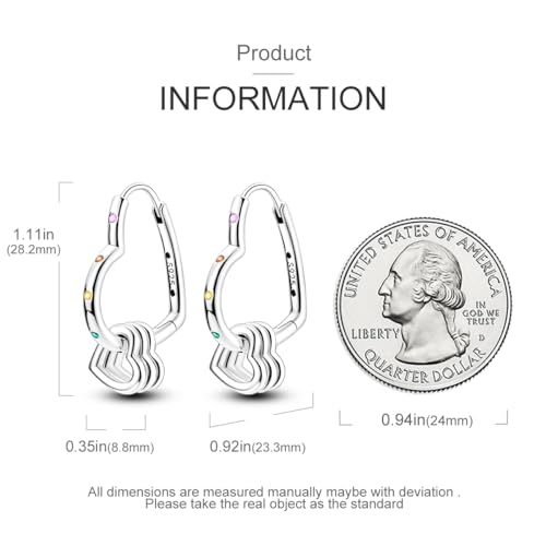 Parmuz 925 Sterling Silver Earrings Hoops for Women Ladies Simple Lightweight Twisted Medium Hoop Earrings With Cubic Zirconia Hypoallergenic Jewelry for Her - color: Colorful double heart earring